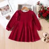 Vestidos de menina primavera outono inverno roupas de meninas vestido de princesa manga comprida cor sólida veludo na altura do joelho bebê crianças babados linha a