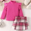 Clothing Sets Autumn/winter 1-6Y High Neck Pink Cute Long Sleeve Top Waist Checkered Short Skirt Fashion Girl Beautiful Set