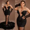 2024 Aso Ebi Robes de bal pour femmes noires Robe de soirée à plumes Illusion Sirène Perles Robe d'anniversaire perlée pour occasions spéciales AM574