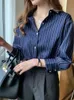 Classic Striped Shirts Women Spring Autumn Poloneck Singlebreasted Long Sleeve Cardigan Blouse Fashion Office Shirt Top 240322