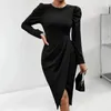 Casual Dresses Retro Style Dress Women Elegant Knee-length Midi With Irregular Hem Slim Fit Waist For Spring Fall Pleated