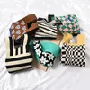 Bolsas de compras 1 unid bolso de muñeca de punto mujeres boho casual hombro totalizador mini nudo a cuadros femenino bolso tejido reutilizable