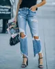 Women's Jeans Women Flash Straight Pants Holes Washing Denim Pockets Loose Fit High Street Slight Strech Solid Color Spring 2024