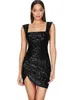 Casual Dresses Dressofcb Square Collar Sequins Sexig klubbklänning 2024 Black Spaghetti Strap Short Party Disco Dance Nightclub Wear