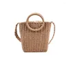 Bag Round Handle Design Straw Crossbody for Women 2024 Simple Trendy Luxury Summer Solid Color Handväskor Kvinnliga resor