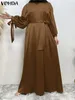 Casual Jurken VONDA 2024 Herfst Vrouwen Elegante Satijnen Maxi Jurk Lange Mouw Feest Bruiloft Vestidos Opstaande Kraag Losse Effen Kleur Zonnejurk