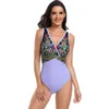 Kvinnors badkläder Retro Women Monikini Stylish V-Neck One-Piece Baddräkt med trådlös tryckning Patchwork vadderad för stranden