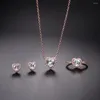 Colar brincos conjunto de jóias de noiva de casamento para mulheres coreano coração corrente rosa ouro cor brinco anel zircão jóias atacado s543