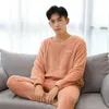 Men's Sleepwear Solid Color Pajamas Thick Fleece Winter Set With Thermal Cold Resistant Round Neck Top Elastic Waist For Cozy