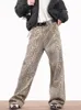 Estilo americano leopardo lavagem jeans feminino y2k retro rua menina solta calças casuais cintura alta perna reta jeans 240323