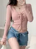 Sweet Fashion Knitted Sweater Women Spring Fall Long Sleeve Lace Up Crop Top Korean Style Elegant Slim Pullover Tops Y2k Clothes 240311