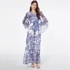 Casual Dresses Summer Bohemian Red Blue and White Porcelain Dress Women's Batwing Long Sleeve Floral Print Beach Runway Party Robe Maxi
