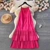 Casual Dresses Clothland Women Elegant Pink Strap Dress Spaghetti Straps Backless Ruffle Beach Wear Chic Midi Vestido QD435