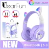 Headphones Cute 3D Cat Ear Headphones with RGB LED Light Bluetooth Wireless Space Capsule Headset For School For Children Kid Girls Gifts