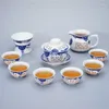 Conjuntos de chá azul e branco requintado conjunto de chá 1 gaiwan 6 xícaras favo de mel bule chaleiras copo porcelana chinês drinkware