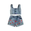 Clothing Sets 1-6Years Kids Girls Denim Outfits Summer 2PCS Clothes Sleeveless Strap Crop Tank Tops Watermelon Printed Shorts Jeans Suits