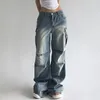 Jeans pour femmes American Vintage Streetwear Low Rise Femmes Poches lavées Pantalon en denim droit Pantalon cargo décontracté Slouchy