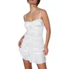 Casual Dresses Douhoow Women See-through Mini Dress Sexy Y2k Club Cocktails Summer Solid Spaghetti Straps Lacing Pleated Short