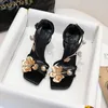 2024 summer new golden flower square toe stiletto high heels single shoes with sexy open toe design sandals women Size 35-40