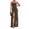 Casual Dresses Women's Leopard Print Strapless Slim High Slit Mesh Long Sexy Tube Dress Backless Patchwork Party Club