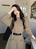 Qweek Sonbahar Kış Örme Kazak Elbise Kadınlar Vintage Örgü Uzun Kollu Mini Kısa Elbiseler Kemer ile 240320