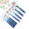 11 pièces/ensemble pinceaux de maquillage bleu ensemble fond de teint fard à joues bronzant sculptant surligneur ombre à paupières sourcil pinceau de maquillage cheveux gris 240311