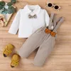 Set di abbigliamento PatPat 2 pezzi Camicia a maniche lunghe con papillon scozzese per neonato e pantaloni con bretelle ricamati con orsetto