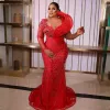 Afrikanisches Arabisch Plus Size Aso Ebi Ballkleider Meerjungfrau Rotes Abendkleid für besondere Anlässe Schwarze Frauen Ballkleid Spitze Perlen Geburtstagsfeierkleider