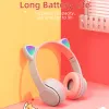 Socks Wireless Bluetooth Earset Cute Cat Ears Headphone with Mic Hifi Stereo Music Gamer Earbuds Flash Light Headset for Kid Girl Gift