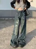 Jeans femininos slergiri mulheres y2k angustiado baggy hip hop streetwear graffiti 90s bolsos vintage cintura alta solta perna larga calças