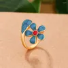 Küme halkaları antik altın zanaat emaye mavi ayçiçeği kadınlar için hafif lüks güney kırmızı turmalin çift mücevher ayarlanabilir