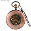 Pocket Watches Red Copper Hollow Gearwheel Cover Hand Winding Mechaincal Pocket With 30cm Chain Skeleton Dial Men es Clock Gifts L240322