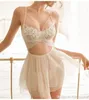 New Women Sexy Summer Sleepwear Female Backless Sling Nightgowns With Thong V-neck Lace Perspective Mesh Nightdress