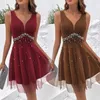 Vestidos casuais a linha silhueta vestido elegante v pescoço pérola embelezado noite com sobreposição de malha de camada dupla alta para o verão