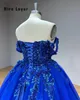 Hire Lnyer Sweetheart Neck Short Sleeve Lace Up Back Sparkly Beads Sequins 3D Flowers Shiny Blue Quinceanera Dresses Real Office Photos Video