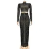 Långärmad mesh maxi bodycon elegant parti glittrande strass för födelsedagsklänning sexig klubb två styck uppsättningar kvinnors utflykter 240315