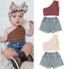 Ensembles de vêtements Focusnorm 3 couleurs Mode Enfant Enfants Filles Vêtements 1-6Y Solide Côtelé Sans Manches Une Épaule Débardeurs Avec Jean Shorts