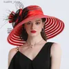 Breda randen hattar hink hattar eleganta kvinnors fjädermönstrade kentucky derby hatt 16 cm bred brun kyrkklänning solhatt sommarstrandparti bröllopshatt l240322