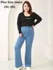 Kvinnors jeans klockbotten kvinnor 9xl 8xl hög midja 140 kg elastisk dam lös plus storlek 7xl denim byxor blå startklippta sträckta byxor
