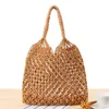 Drawstring Women's Hollow Woven Bag Forest Grass Holiday Handgjorda bomullsrep Mesh Beach Shopping Handväskor