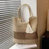 Totes Summer Straw Woven Bag Kontrast Färg med tofsar strandsemesterväskor stor kapacitet handgjorda avslappnade enkelt för sjösida