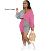 Couleur patchwork femmes Fitness Tracksuit Suisse à manches longues Zipper à l'épaule Crop Top Shorts à la maison Two Piece Set Plus taille S-3XL 240402