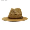 Szerokie brzegowe czapki wiadra kapelusze nowe ręcznie tkane Jazz Straw Hat Spring Summer Hollow Fedora Panama Cap Men Kobiet Outdoor Sun Ochrony Hat Sombrero Hombre L240322