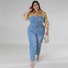 Winter Fall Formal V-neck Blue Oversized Pants Workout Causal Loose Plus Size Denim Rompers and Jumpsuits for Fat Women