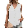 Women's Blouses Oversized V-Neck Sleeveless Button Shirts Vest Casual Solid Color Tank Top Single-breasted Mid Length Female Clothes