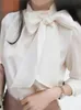 Kobiety w stylu wiosennym letnim bluzki bluzki Lady casaul z długim rękawem biały czarny kołnierz muszki blusas topy df3162 240321