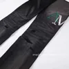 New street trendy brand tattered letter patch patchwork leather torn hole elastic slim fit black jeans for men