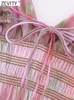 ZEVITY Frauen Mode V-ausschnitt Farbe Match Krawatte Gefärbt Druck Sling Midi Kleid Weibliche Chic Sommer Backless Elastische Dünne Vestidos DS16 240314