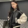 Künstliche Pu-Leder kurze Baseballjacke Frauen Herbst Retro Patchwork Bomber Jacken Y2K koreanische lose Streetwear AllMatch Mantel 240315