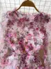 Casual Dresses 2024 Fashion Gorgeous Flower Mesh Cascading Ruffles Dress Women's Stand Butterfly Sleeve Pink Floral Print Fairy Maxi Vestido